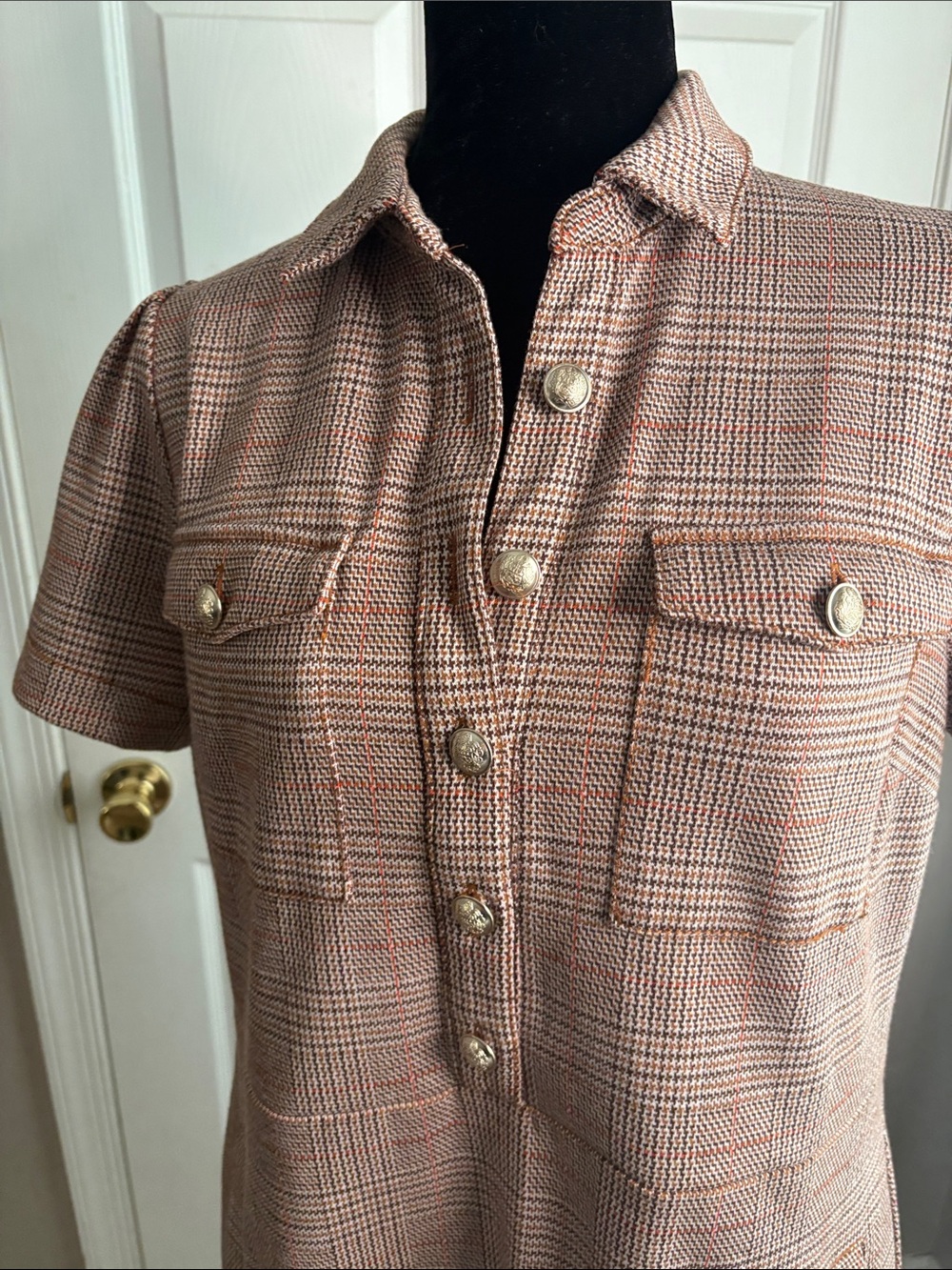 LOFT Brown and Rust Plaid Short Sleeve Button Dress - Picture 5 of 13